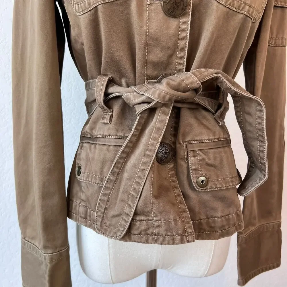 Vintage Y2K J Crew Military Utility Cargo Jacket size XS Cotton Belted Tan - Picture 4 of 14